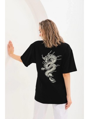 Pileli Store Baskılı Oversize T-Shirt - Siyah -