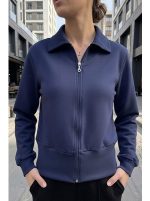 Evavi Kadın Lacivert Fermuarlı Yakalı Sweatshirt