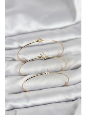 Pileli Store Pilelistore  Gold Renk Kutup Yıldızı Model Zirkon Taşlı 3'lü Kadın Bileklik Kombini