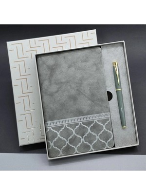 Pileli Store Gri Renk Defter ve Metal Roller Kalem Seti