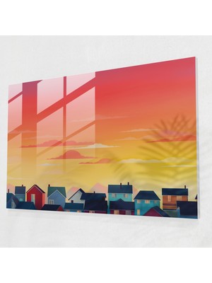 Popcasso Kasaba Günbatımı Temperli Cam Tablo - Harlem Temalı Modern Sanat Duvar Tablosu