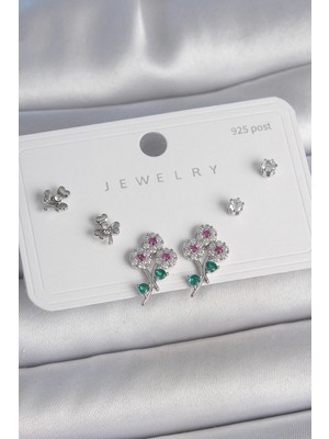 Pileli Store Pilelistore  Pirinç Gümüş Renk Renkli Zirkon Taşlı Çiçek Model Yaprak Detay 925 Ayar Gümüş Çivi Kadın Küpe Seti