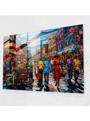 Popcasso Renkli Harlem Pazarı Cam Tablo - Harlem Temalı Duvar Dekorasyonu