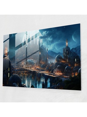 Popcasso Mitolojik Şehir Temperli Cam Tablo - Gelecekçi Tema - Dijital Illüstrasyon ile Benzersiz Duvar Dekorasyonu