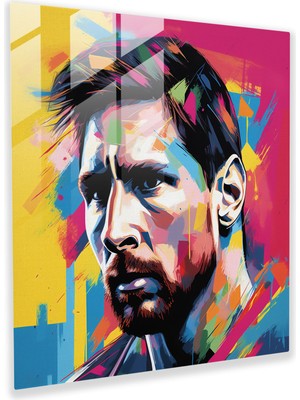 Popcasso Lionel Messi Cam Tablo - Pop Art Tarzı Tasarım - Futbol Temalı Duvar Dekorasyonu Canlı Renkler