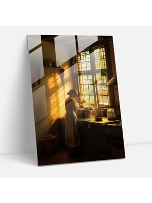Popcasso Su Döken Kadın Temperli Cam Tablo - Johannes Vermeer Tarzında Modern Sanat Eseri