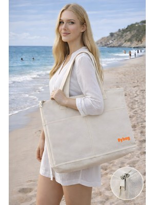 Bybag Premium Ham Bez Plaj Çantası Büyük Boy Fermuarlı 2 Cepli Körüklü Omuz Kol Çantası 45X40 cm