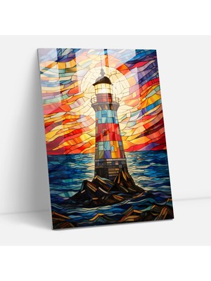 Popcasso Renkli Deniz Feneri Cam Duvar Tablosu - Deniz Feneri Işık Demetleri ile Stained Glass Tasarım
