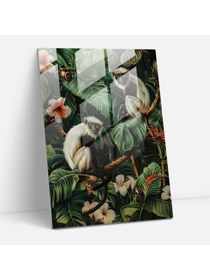 Popcasso Frida Kahlo Tarzı Cam Duvar Tablosu Yeşillikler ve Maymunlar ile Tropikal Bitkiler Teması