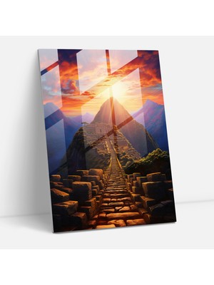Popcasso Inka Medeniyeti Cam Duvar Tablosu - Canlı Tapınak Manzarası Günbatımında - Mayalar Temalı Cam Tablo
