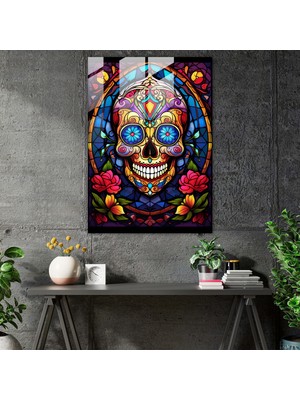Popcasso Şeker Kafalı Los Muertos Temalı Cam Tablo Sanatı - Duvar Süslemesi