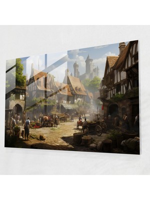 Popcasso Ortaçağ Köyü Cam Duvar Tablosu - Ortaçağ Köylüler Figürü ve Pazar Meydanı Teması