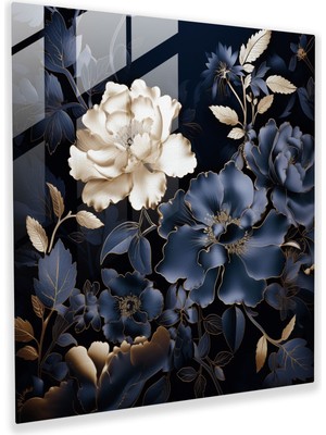 Popcasso Lacivert Çiçek Desenli Temperli Cam Tablo Duvar Süsü
