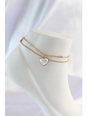 Pileli Store Pilelistore  316L Çelik Gold Renk Beyaz Kalpli 2li Halhal