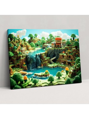 Popcasso Retro Piksel Sanat Temperli Cam Tablo - LEGO Manzarası Modern Sanat Detayı