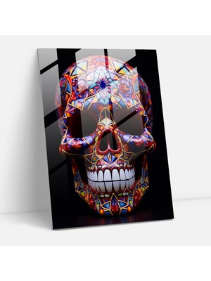 Popcasso Simetrik Calavera Temperli Cam Tablo - Los Muertos Temalı Duvar Dekoru