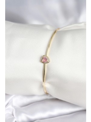 Pileli Store Pilelistore  Pembe Zirkon Taşlı Kalp Model Gold Renk Kadın Bileklik