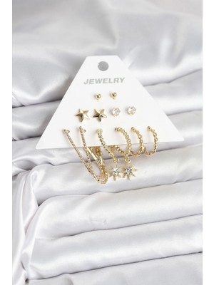 Pileli Store Pilelistore  6 Çift Kadın Küpe Seti Gold Renk