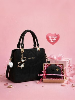 Westbag Kadın Butterfly El ve Omuz Çantası Kol Çantası Charm Detaylı ve Dokulu Cüzdan Seti Anneler Günü Hediyelik