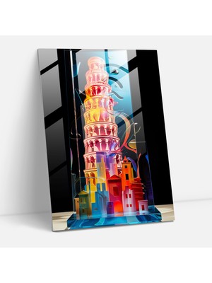Popcasso Pisa Eğik Kulesi Soyut Cam Tablo - Modern Soyut Tasarım ile Cam Duvar Tablosu