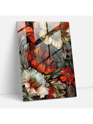 Popcasso Incelikli Çiçek Desenli Cam Duvar Tablosu - Mannerism Tarzı Duvar Dekorasyonu