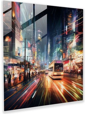 Popcasso Canlı Işıklı Izler Şehirde Modern Sanat Cam Tablosu - Nighthawks Temalı Cam Tablo