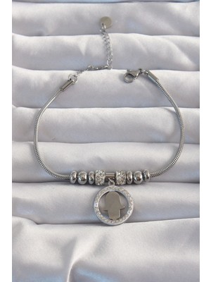 Pileli Store Pilelistore  316L Çelik Gümüş Renk Zirkon Taş Aksesuarlı Fatma Ana Eli Bileklik