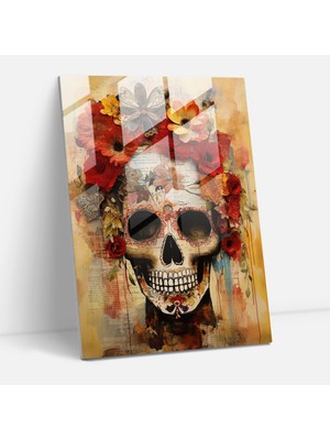 Popcasso Los Muertos Kolaj Cam Duvar Tablosu - Modern Sanat ile Çağdaş Kolaj Etkileyici Görsel Kompozisyon