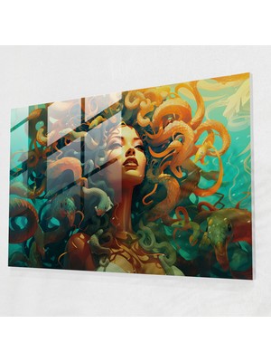 Popcasso Mitoloji Temalı Cam Tablo: Medusa'nın Gerçeküstü Yılanları - Dekoratif Cam Tablo