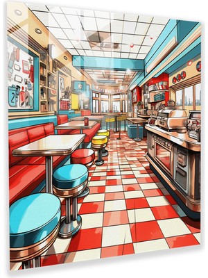 Popcasso Nostaljik Retro Diner Temalı Temperli Cam Tablo - Jukebox Görselli Dekoratif Tablo