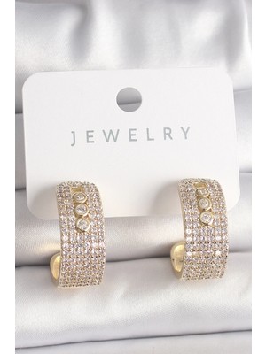 Pileli Store Pilelistore  Pirinç Gold Renk Zirkon Taşlı Halka Messika Model Kadın Küpe