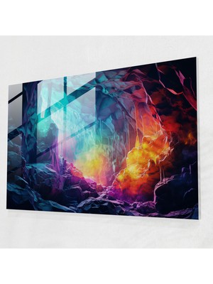 Popcasso Paleolitik Neon Sanat Cam Tablosu - Mezolitik Temalı Cam Duvar Tablosu Retro Esintili Tasarım