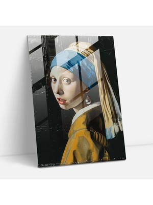 Popcasso Incili Küpeli Kadın Temperli Cam Tablo - Johannes Vermeer Esintisi ile Duvar Dekorasyonu