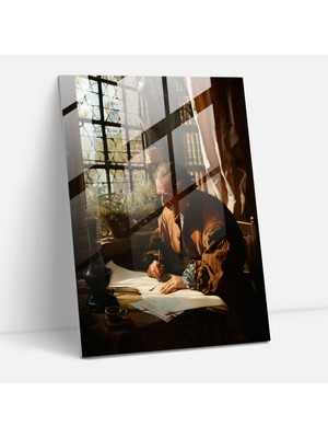 Popcasso Johannes Vermeer Cam Tablo - Bir Mektup Yazan Adam Modern Sanat Duvar Dekorasyonu