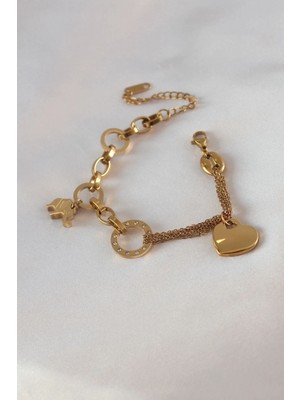 Pileli Store Pilelistore  316L Çelik Gold Renk 2'li Zincir Model Zirkon Taş Detay Kadın Bileklik
