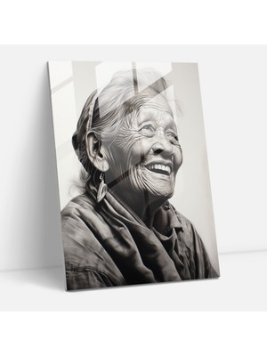 Popcasso Yaşlı Insanlar Temalı Temperli Cam Tablo - Huzur Içindeki Yaşlı Kadın Kömür Çizimi