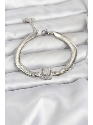 Pileli Store Pilelistore  316L Çelik Gümüş Renk Baget Zirkon Taşlı Yılan Zincirli Kadın Bileklik