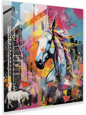 Popcasso Şehirli Unicorn Temperli Cam Tablo - Modern Kolaj ile Canlı Dokular