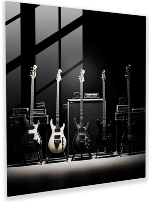 Popcasso Metal Müzik Temalı Cam Tablo - Enstrümanlar Görseli ile Modern Duvar Dekorasyonu
