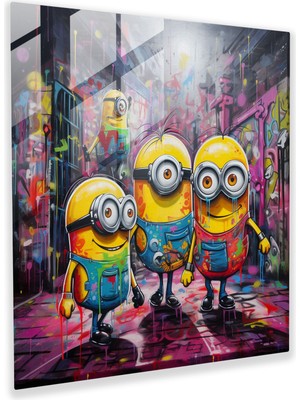 Popcasso Grafiti Tarzı Cam Tablo - Şehir Ortamında Minyonlar - Modern Sanat Duvar Dekorasyonu