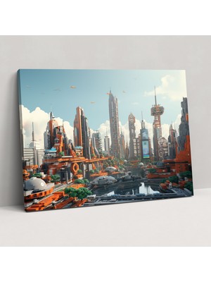 Popcasso Gelecek Şehir Manzarası Temperli Cam Tablo - 3D Render Duvar Dekorasyonu