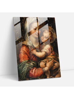 Popcasso Meryem ve Çocuk Temperli Cam Tablo - Raffaello Sanzio Temalı Duvar Sanatı