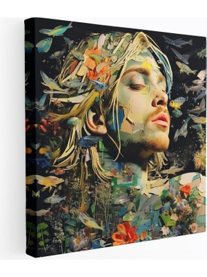 Popcasso Kurt Cobain Temalı Temperli Cam Tablo - Doğadan Ilham Alan Kollaj - Modern Sanat Duvar Dekorasyonu