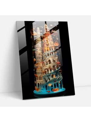 Popcasso Eğik Kule Sürrealist Cam Duvar Tablosu - Modern Sanat Temalı Dekoratif Cam Tablo