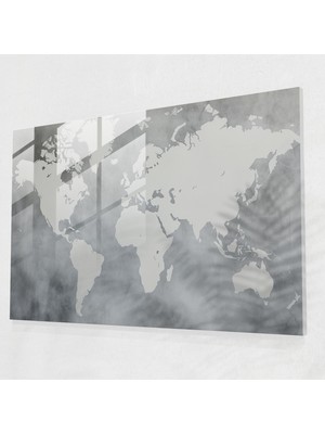 Popcasso Dünya Haritası Monokrom Cam Duvar Tablosu