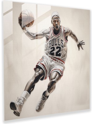 Popcasso Michael Jordan Temalı Cam Duvar Tablosu - Gerçekçi Kalem Eskizi ile Modern Duvar Dekoru