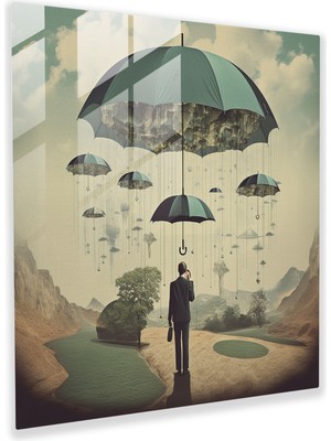 Popcasso Yüzen Şemsiye Temperli Cam Tablo - Yağmur Teması Surrealist Koleksiyon