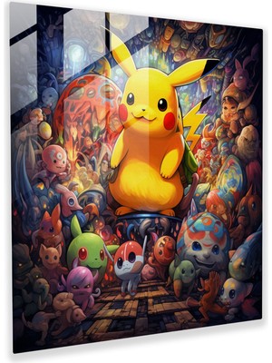 Popcasso Pokemon Modern Sanat Temperli Cam Tablo - Pikachu Figürü ile Pixel Art Temalı Ev Dekorasyonu