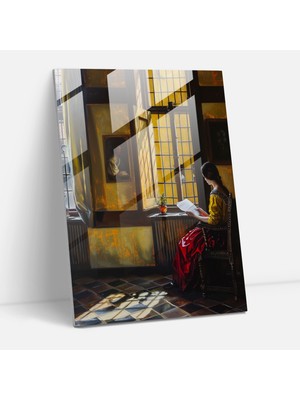 Popcasso Johannes Vermeer Temalı Cam Duvar Tablosu - Zarif Iç Mekan Manzarası ile Modern Sanat Dokunuşu