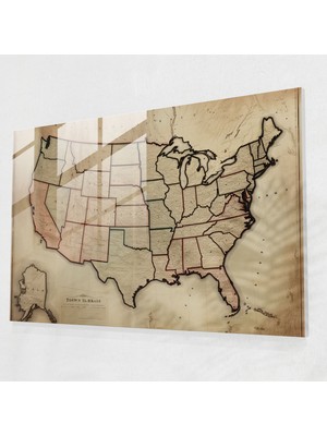 Popcasso Vintage Amerika Birleşik Devletleri Haritası Cam Tablo - Modern Sanat Tarzında Esintili Illüstrasyon Cam Duvar Tablosu